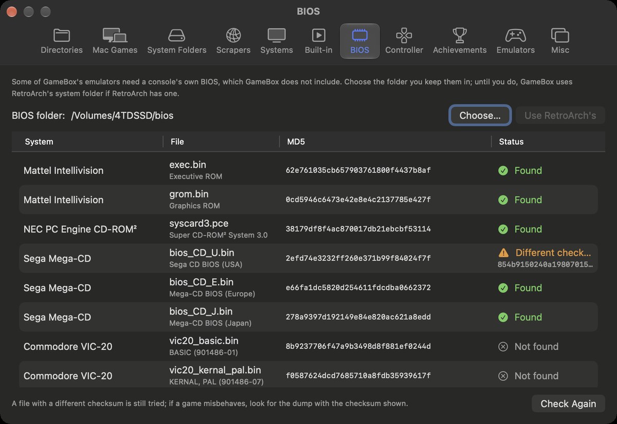 GameBox's Settings window on the BIOS tab: a table of BIOS files by system, with their checksums and a status for each: Found, Not found or Different checksum.