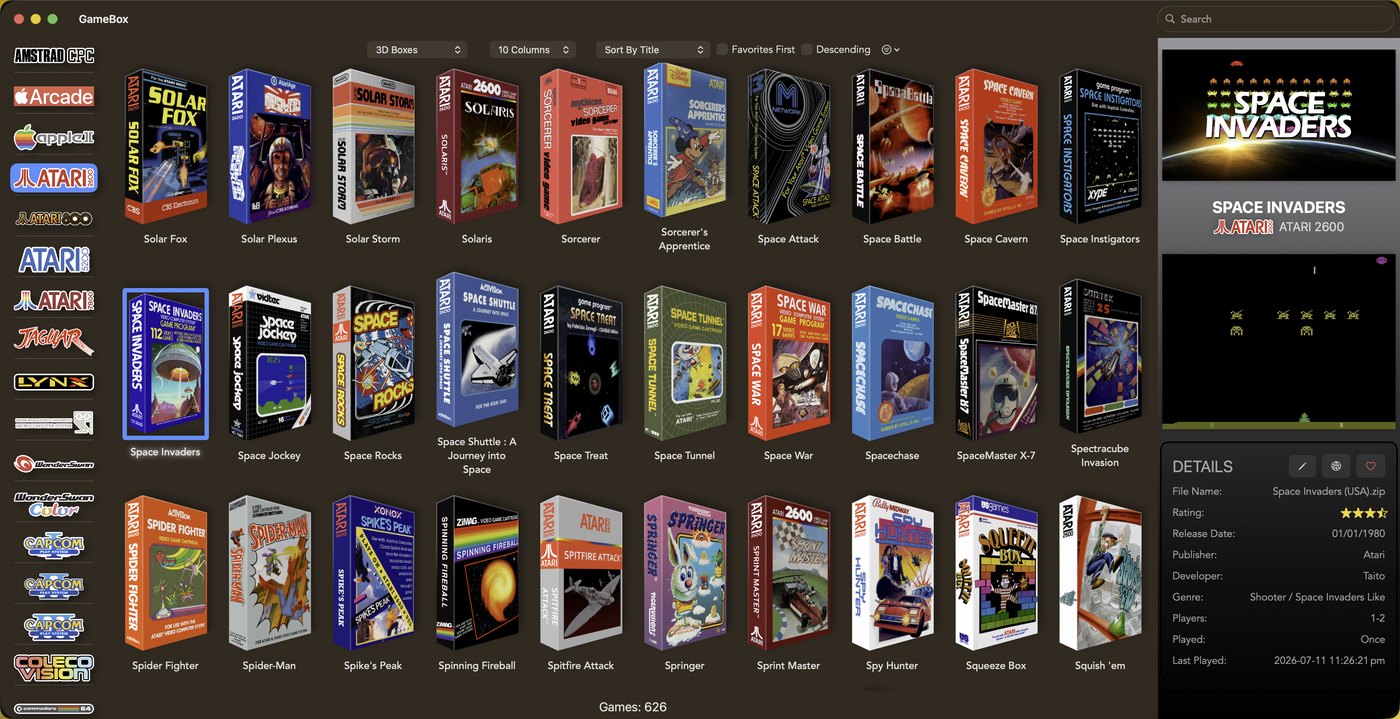 An Atari 2600 library shown as rows of 3D boxes, each rendered with its own printed spine and front, with the info panel for Space Invaders open on the right.