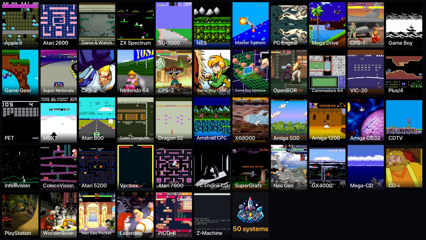 A grid of fifty tiles, each a different system running a game at the same moment: the Apple II, Atari 2600, Game & Watch, ZX Spectrum, NES, Super Nintendo, Mega Drive, Nintendo 64, Capcom arcade boards, the Amiga, Commodore 64, PlayStation and the rest, with a GameBox tile at the end that reads 50 systems.