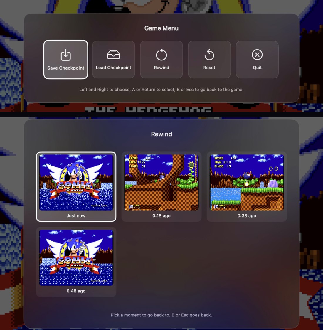 The game menu over the Sonic the Hedgehog title screen, with Save Checkpoint, Load Checkpoint, Rewind, Reset and Quit, above the Rewind list: four screenshots of the game from just now and from 18, 33 and 48 seconds ago.