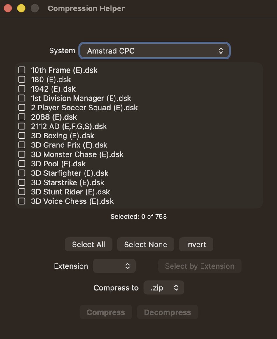 The Compression Helper window with Amstrad CPC selected, listing 753 disk images with tick boxes, a chooser for compressing to .zip, and Compress and Decompress buttons.