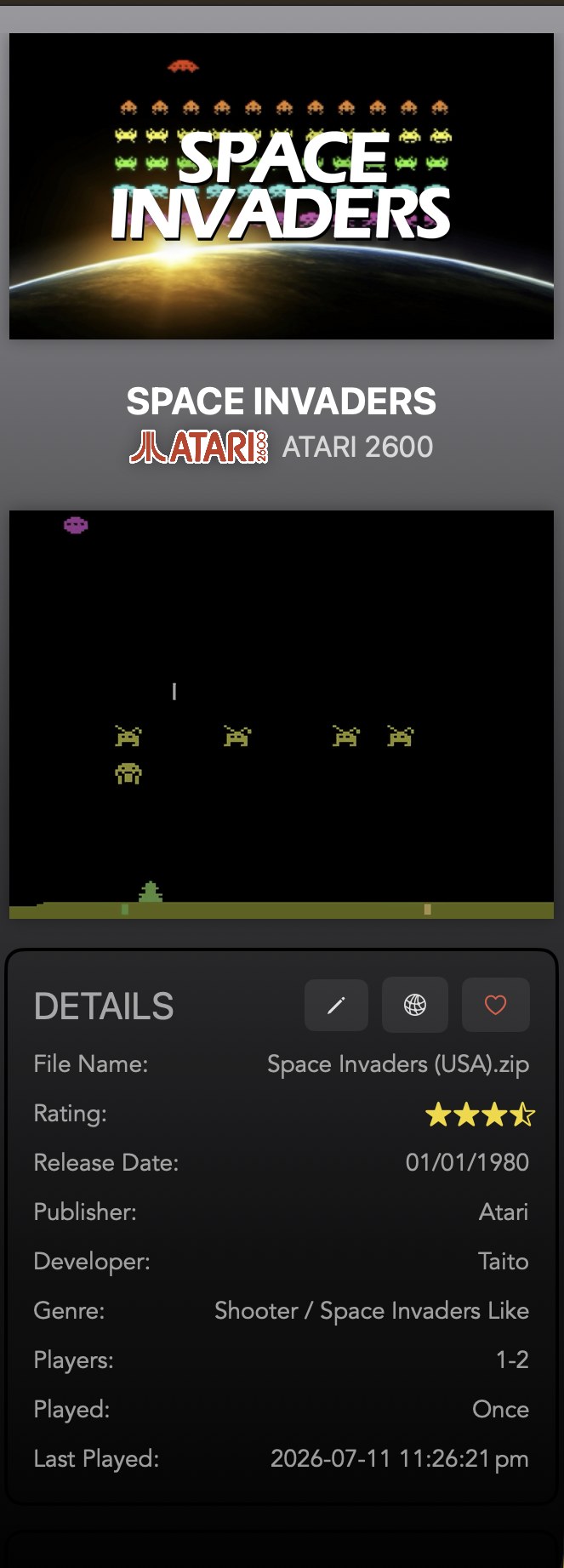 The info panel for Space Invaders on the Atari 2600, showing its marquee over fanart, a gameplay video still, a four-and-a-half star rating, and fields for release date, publisher, developer, genre, players and when it was last played.
