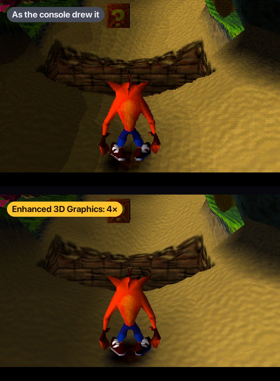 Crash Bandicoot in a jungle clearing, twice: as the PlayStation drew it, with blocky textures and jagged edges, and with Enhanced 3D Graphics at four times the resolution, smooth and sharp.