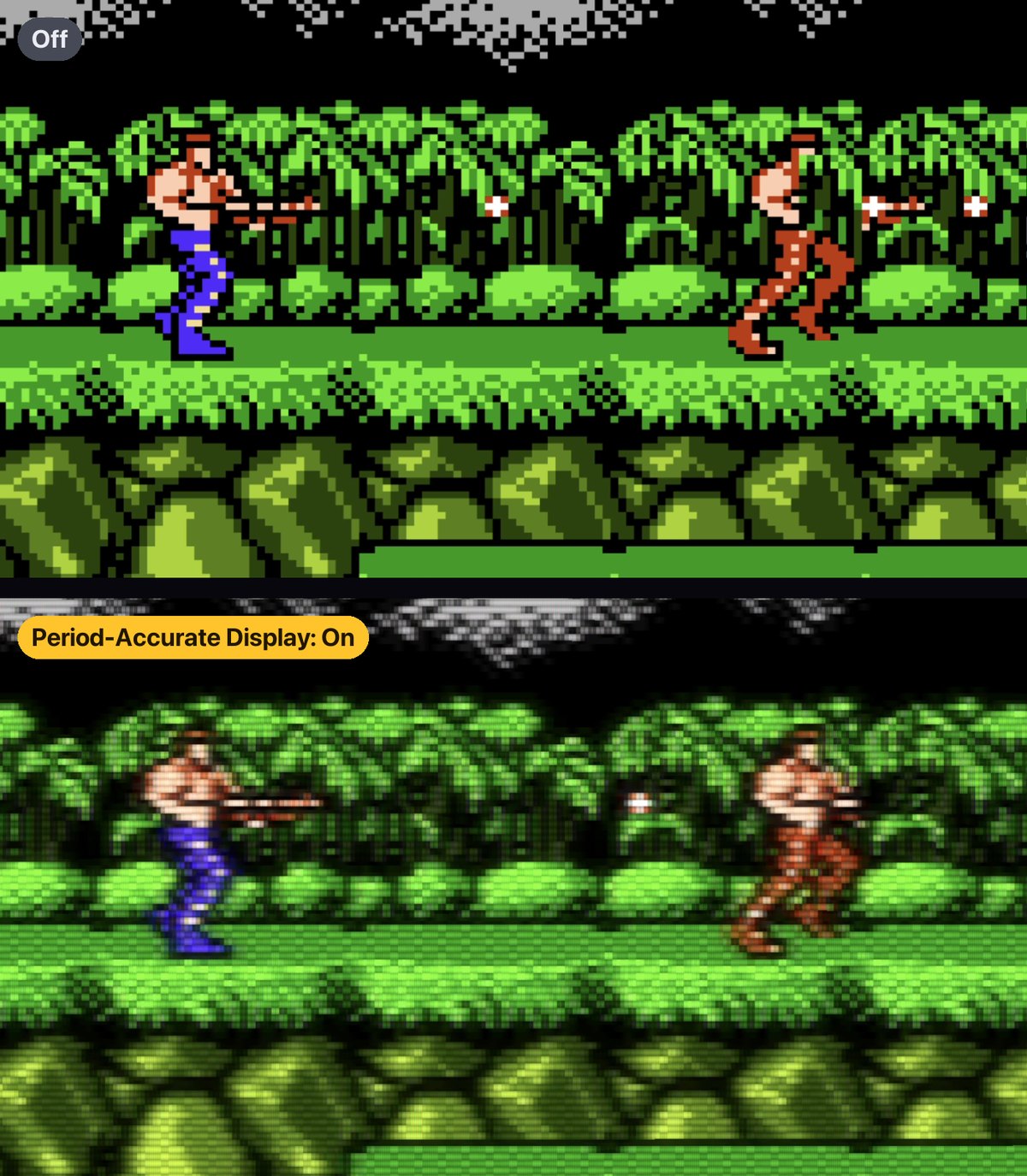 Contra, twice. First with Period-Accurate Display off: sharp, square pixels. Then with it on, as a television showed it: scanlines, a phosphor mask and a softer, dimmer picture.