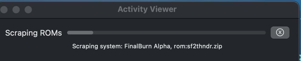 The Activity Viewer window showing a progress bar labelled Scraping ROMs with the system and file currently being scraped.