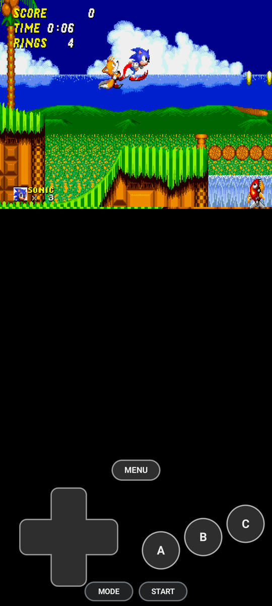A Mega Drive game playing across the top of a phone's screen, with touch controls for a D-pad and buttons underneath.