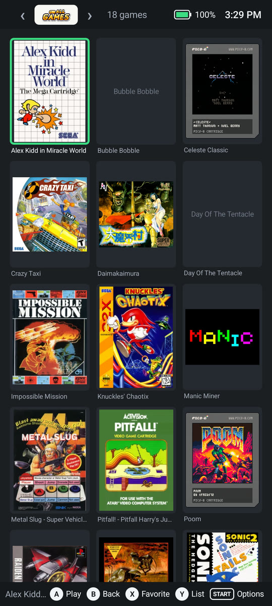 A grid of box art for a whole library of games, with the buttons for playing, favouriting and options along the bottom.
