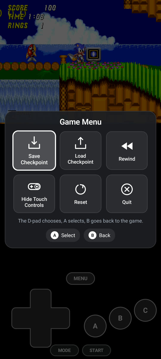 The game menu opened over a game that is playing: save and load a checkpoint, rewind, reset and quit.