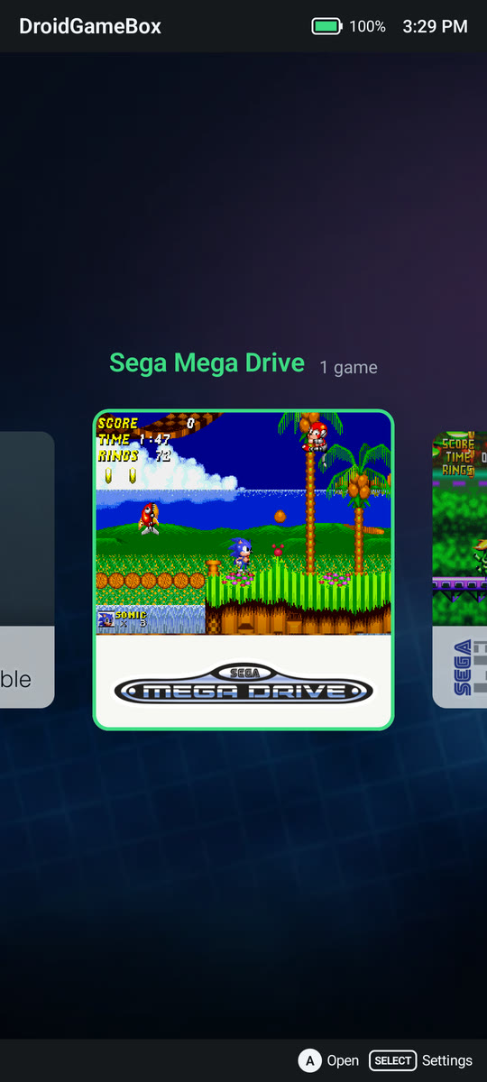 DroidGameBox's system screen held upright on a phone: a row of system tiles, with Sega Mega Drive chosen.