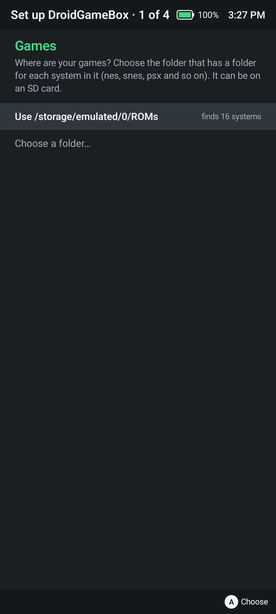 The start-up wizard asking where the games are, with a Roms folder offered and the number of systems it finds in it.